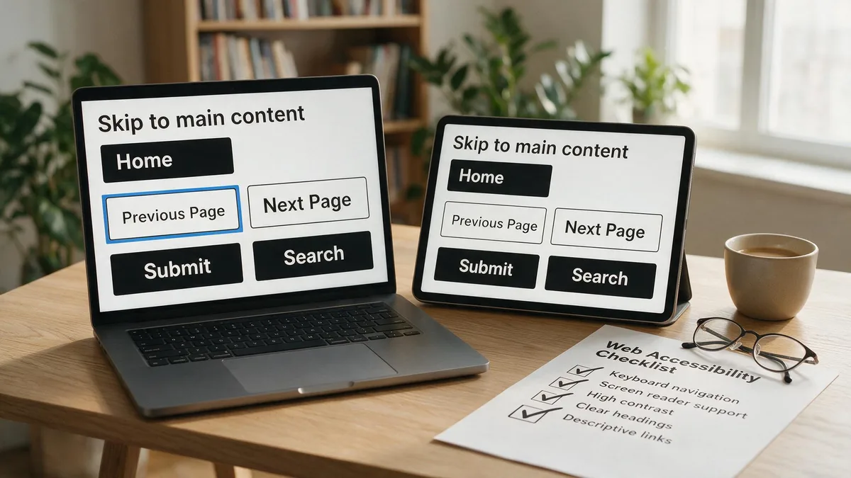 Laptop und Tablet zeigen dieselbe Website mit großer Schrift, klaren Schaltflächen und sichtbarem Tastatur-Fokus, daneben eine Barrierefreiheits-Checkliste