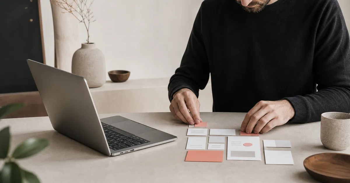 Webdesigner ordnet minimalistische Layout-Kärtchen auf dem Schreibtisch als Sinnbild für den schlanken Aufbau mit Blocksy und Gutenberg