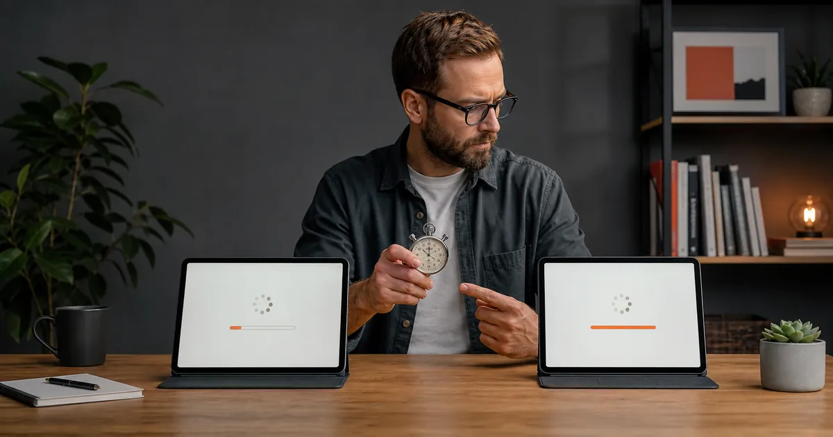 Mann vergleicht mit einer Stoppuhr die Ladezeiten zweier Tablets als Sinnbild für den Effekt von Caching-Plugins