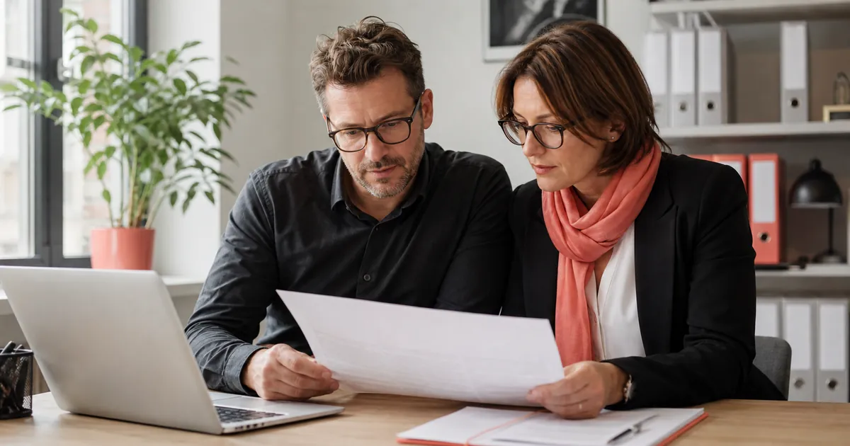 Ein Mann und eine Frau prüfen gemeinsam ein Dokument am Schreibtisch als Sinnbild für die Erstellung einer Datenschutzerklärung