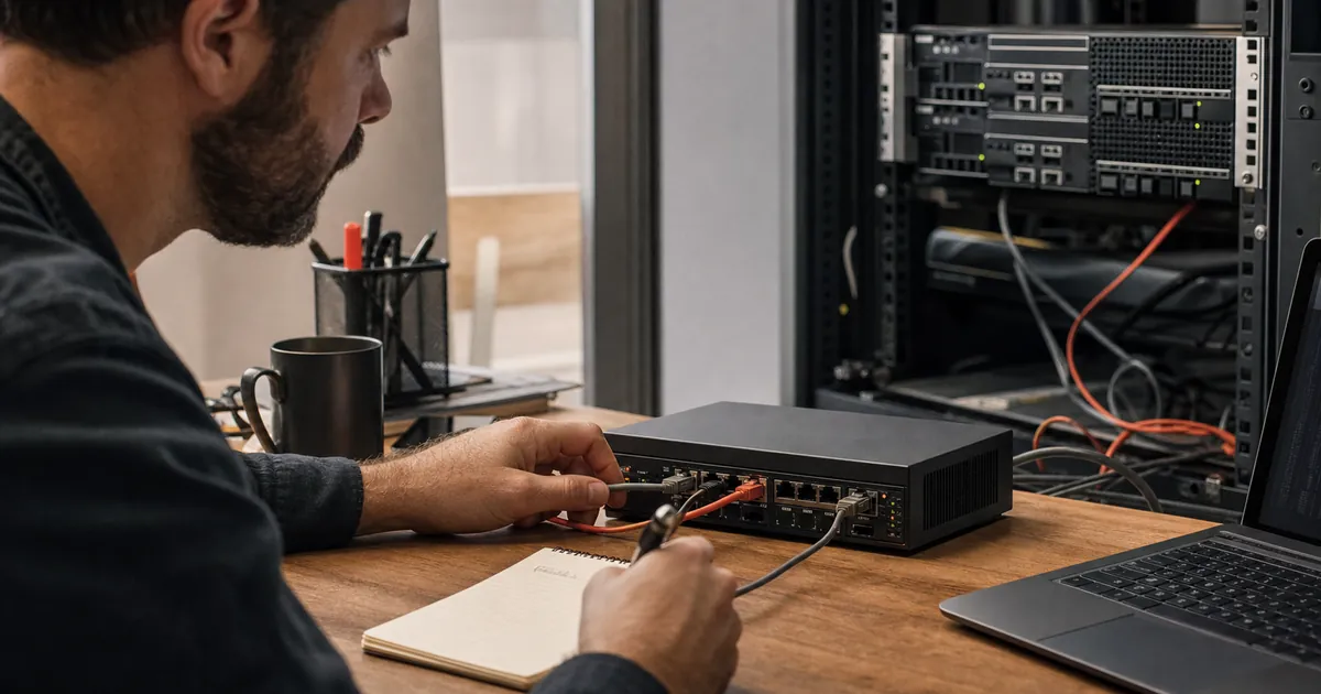 Mann verkabelt einen Netzwerk-Switch im Serverschrank als Sinnbild für DNS, Domain und SSL