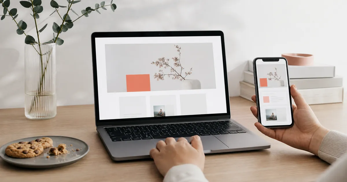Person surft am Laptop und Smartphone auf einer schlichten Website ohne Cookie-Banner