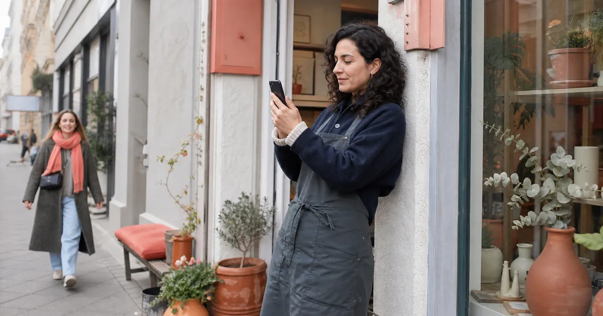 Inhaberin eines Berliner Ladens pflegt ihren digitalen Unternehmenseintrag am Smartphone