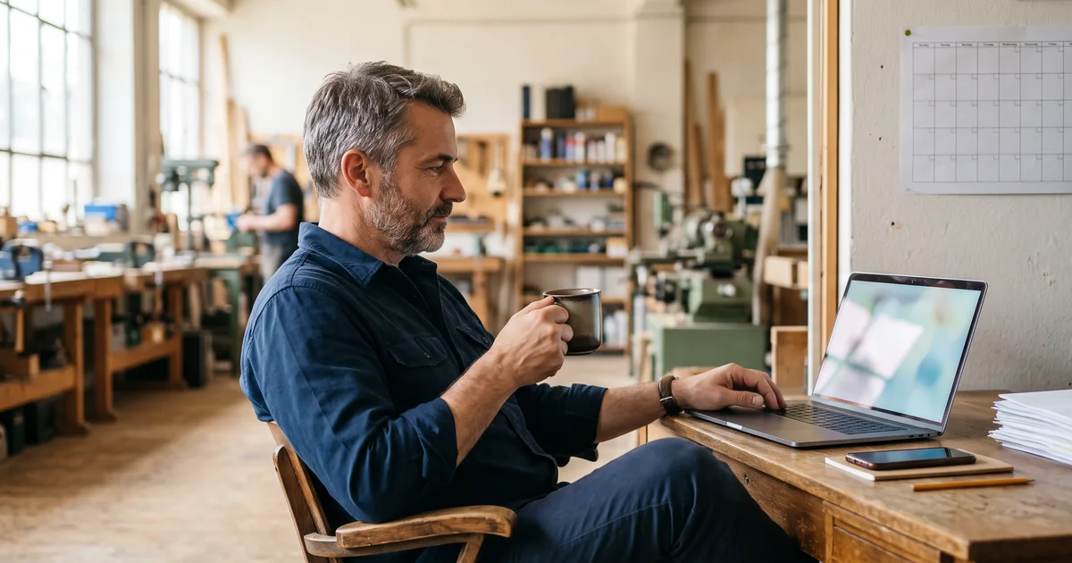 Handwerksbetrieb-Inhaber sitzt entspannt mit Kaffee am Werkstattschreibtisch, während der Laptop die Büroarbeit übernimmt