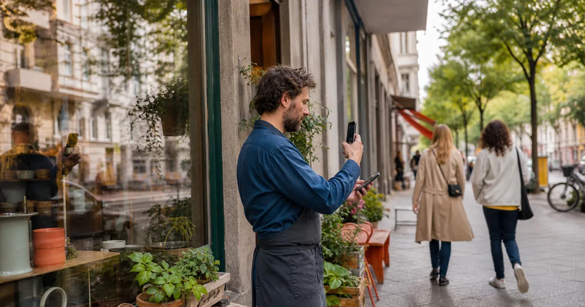 Ladeninhaber prüft vor seinem Geschäft in einer Berliner Straße sein Smartphone als Sinnbild für lokale Sichtbarkeit