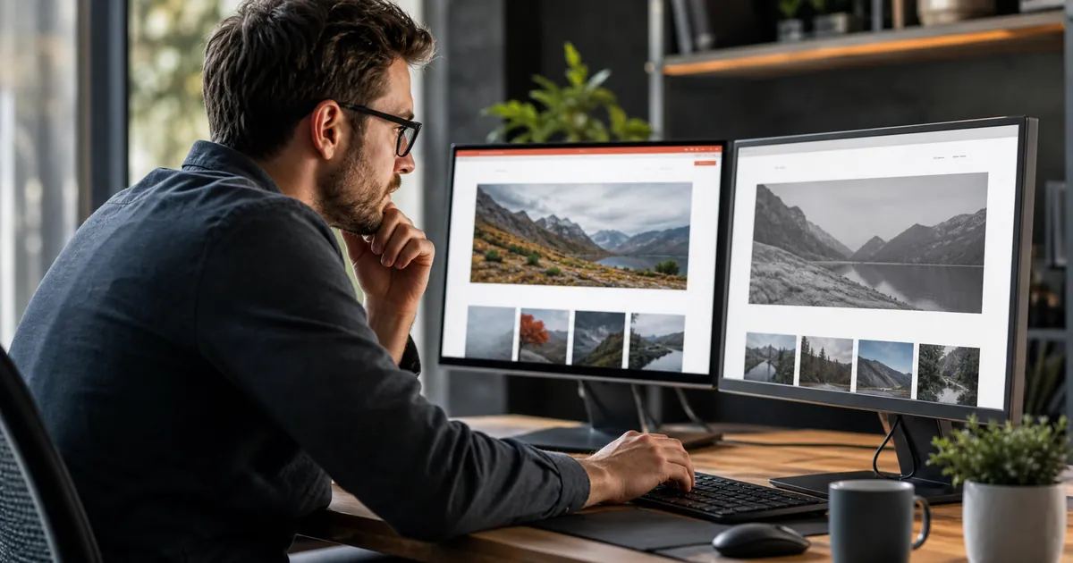 Webdesigner vergleicht am Doppelmonitor zwei Versionen einer Website vor und nach einem Update