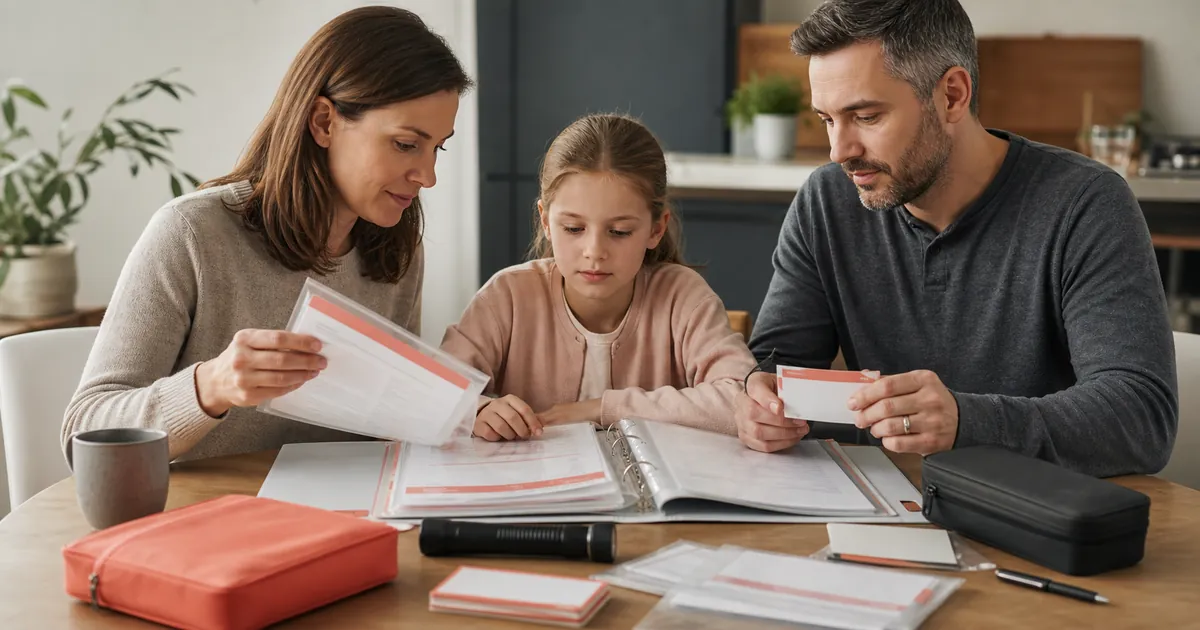 Eine Familie sortiert gemeinsam Dokumente in einen Notfallordner am Küchentisch