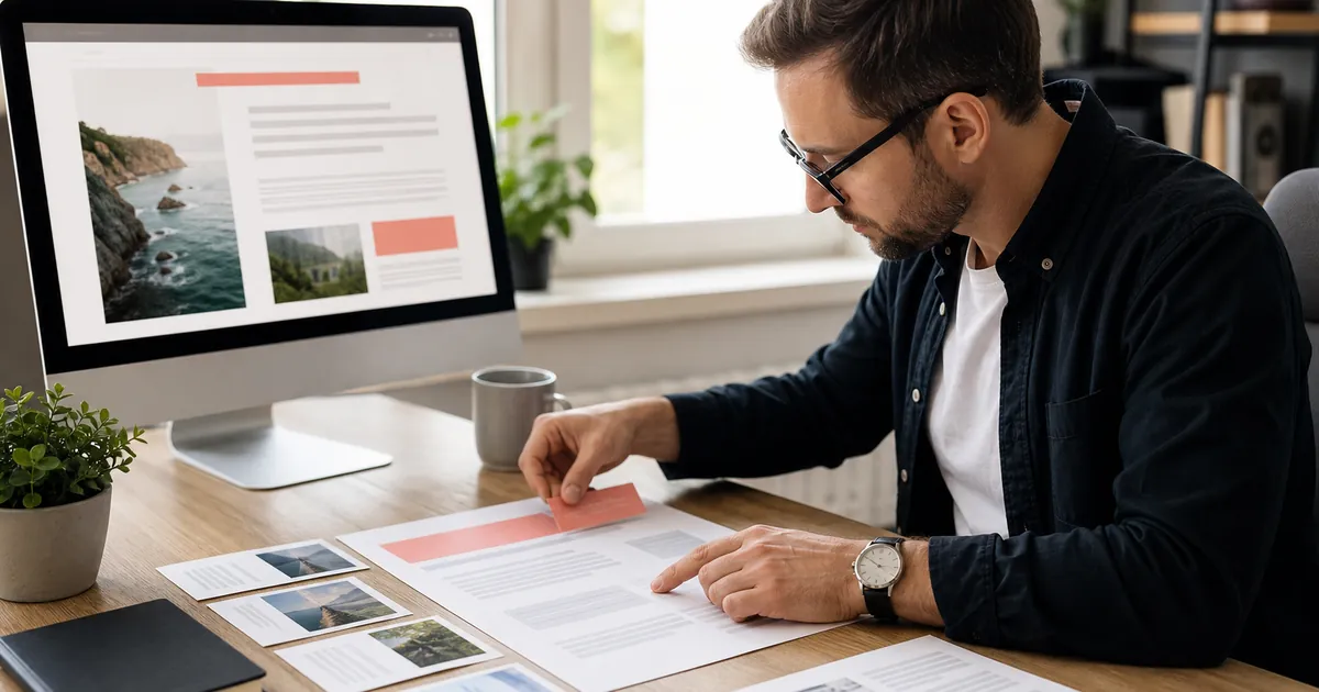Mann prüft am Schreibtisch den Seitenaufbau einer Website auf Papier und Bildschirm
