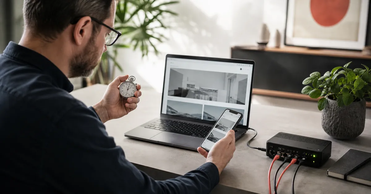 Mann misst mit Stoppuhr und Smartphone die Ladezeit einer Website neben Laptop und Router