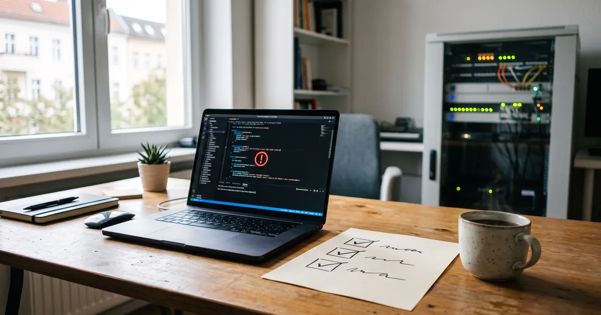 Laptop mit Warnsymbol im Code-Editor, daneben eine abgehakte Checkliste und ein Serverschrank im Hintergrund