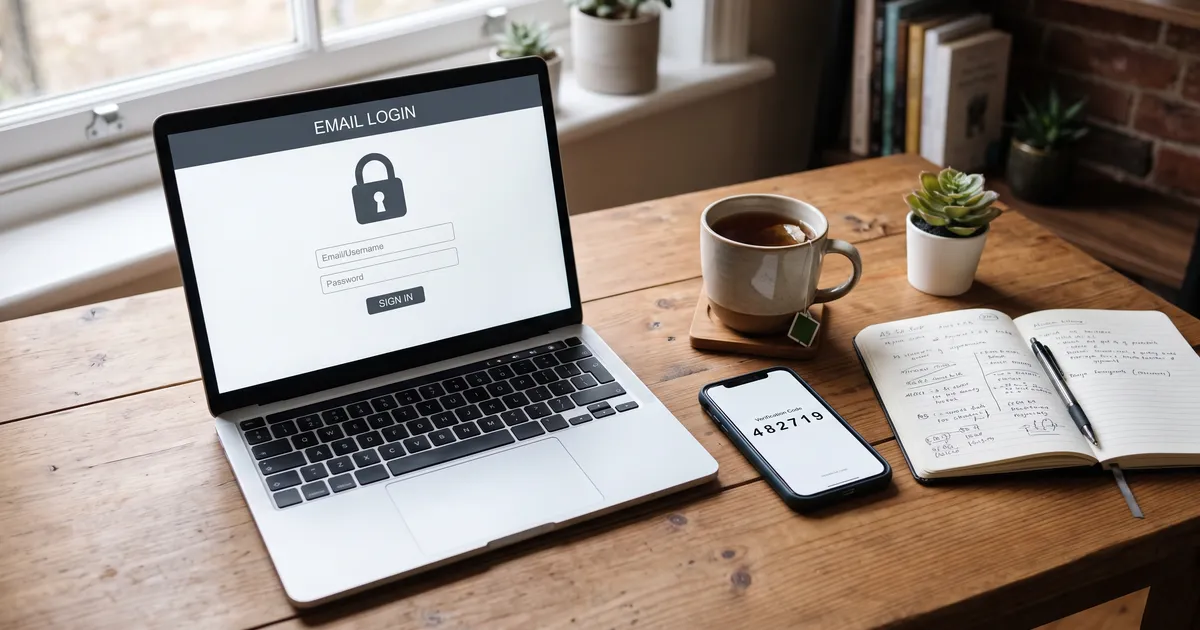 Laptop mit Anmeldemaske und Schloss-Symbol, daneben ein Smartphone mit sechsstelligem Sicherheitscode
