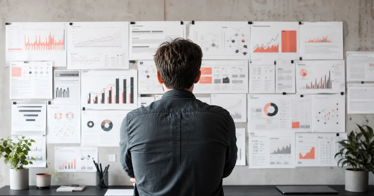 Mann steht nachdenklich vor einer Wand voller ausgedruckter Diagramme und Statistiken als Sinnbild für Google-Ranking-Faktoren