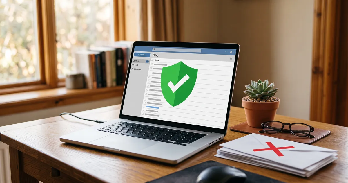 Laptop mit Mailprogramm und grünem Schutzschild, daneben ein Stapel Briefumschläge, der oberste rot durchgestrichen