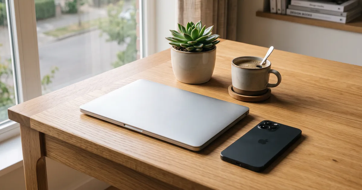 Aufgeräumter Schreibtisch mit geschlossenem Laptop, Smartphone, Kaffee und Pflanze bei Tageslicht