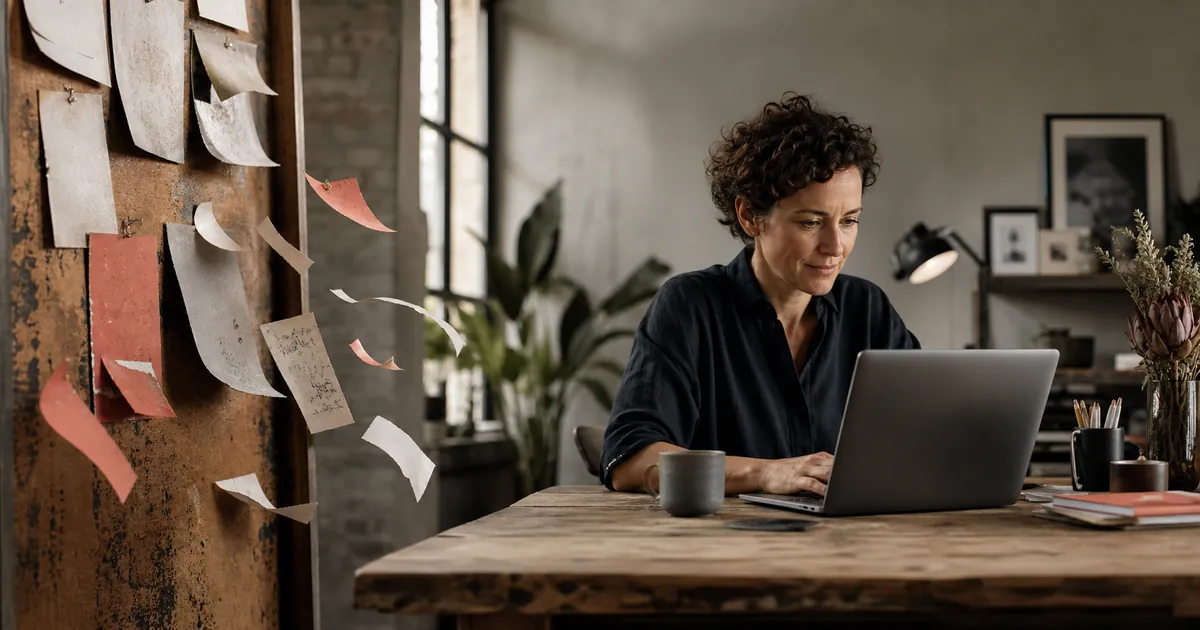Frau arbeitet konzentriert am Laptop, während Zettel von einer Pinnwand verwehen als Sinnbild für flüchtige Social-Media-Inhalte
