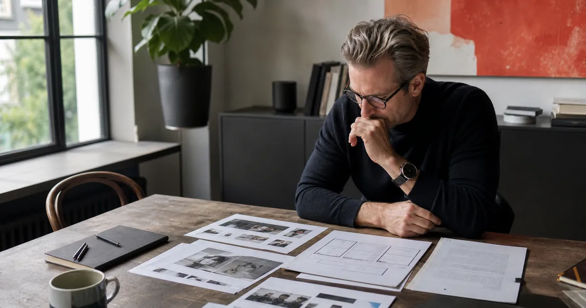 Mann prüft nachdenklich ausgedruckte Unterlagen an seinem Schreibtisch vor der Beauftragung eines Webdesigners