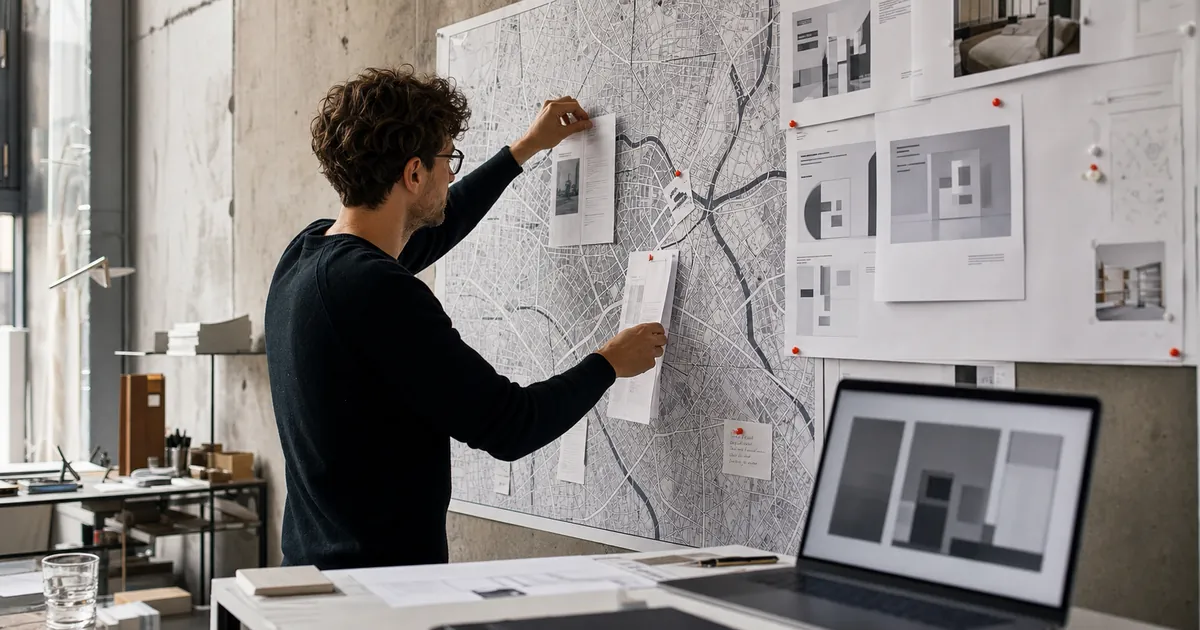 Webdesigner ordnet Berliner Website-Projekte auf einer großen Stadtkarte im Studio