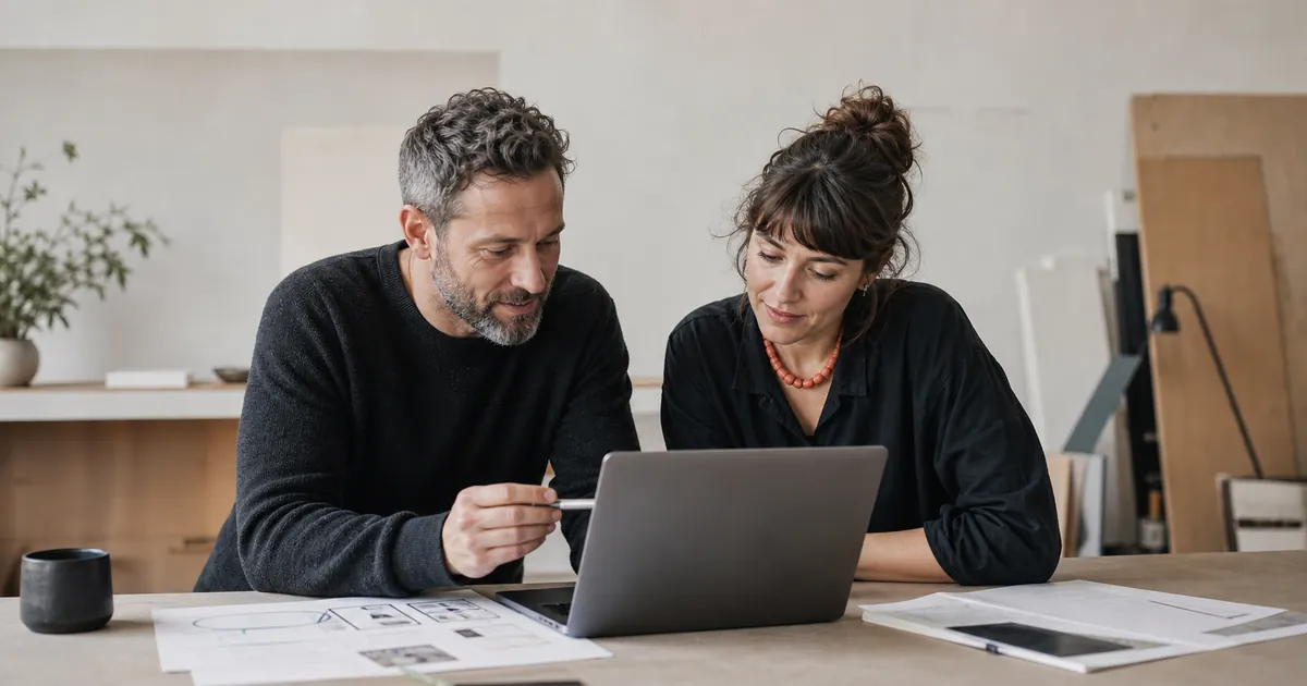 Freier Webdesigner bespricht in Berlin ein Website-Projekt direkt mit einer Unternehmerin