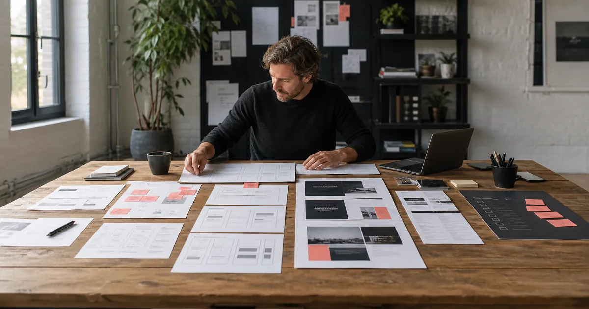 Webdesigner plant die sieben Phasen eines Website-Projekts an einem großen Arbeitstisch