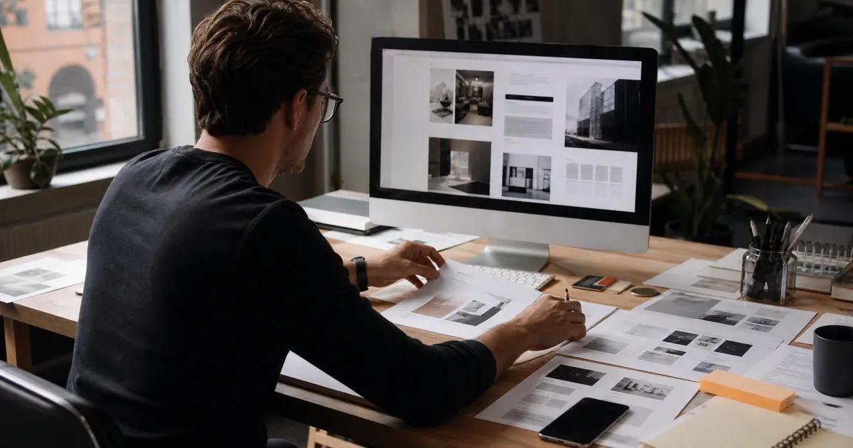 Webdesigner optimiert Aufbau, Hierarchie und Inhalte einer Unternehmenswebsite