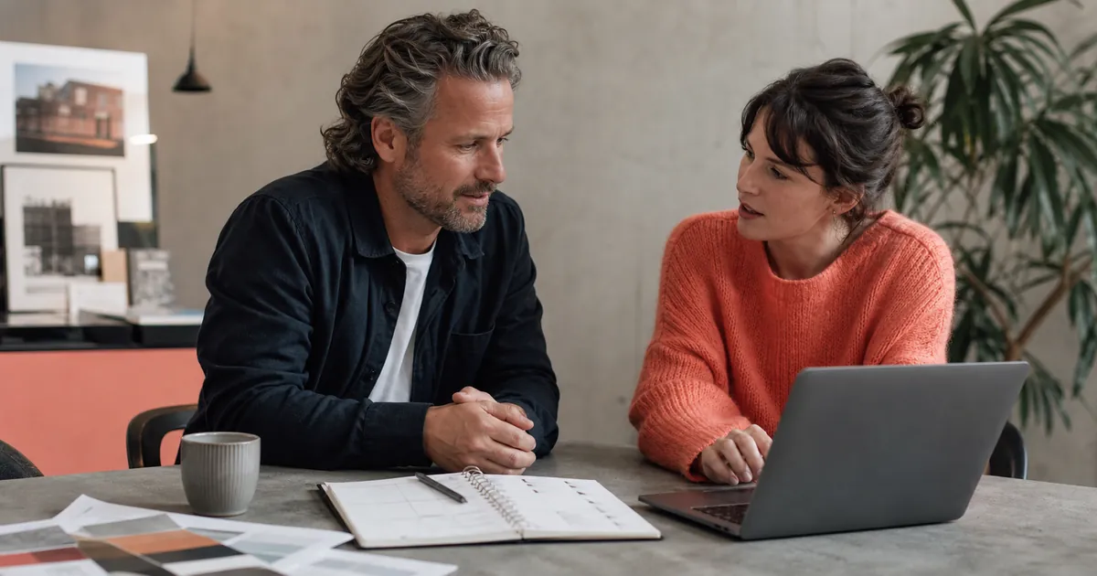 Ein Mann und eine Frau besprechen am Tisch mit Laptop und Musterkarten ihr Website-Projekt