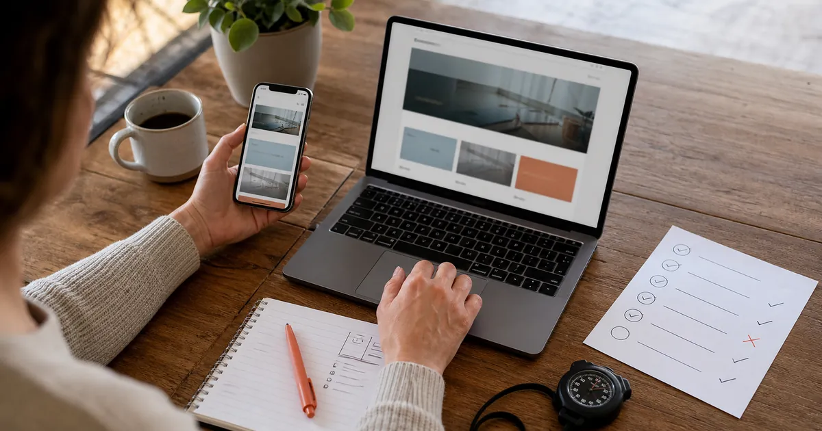 Unternehmerin vergleicht ihre Website auf Laptop und Smartphone anhand einer Prüfliste