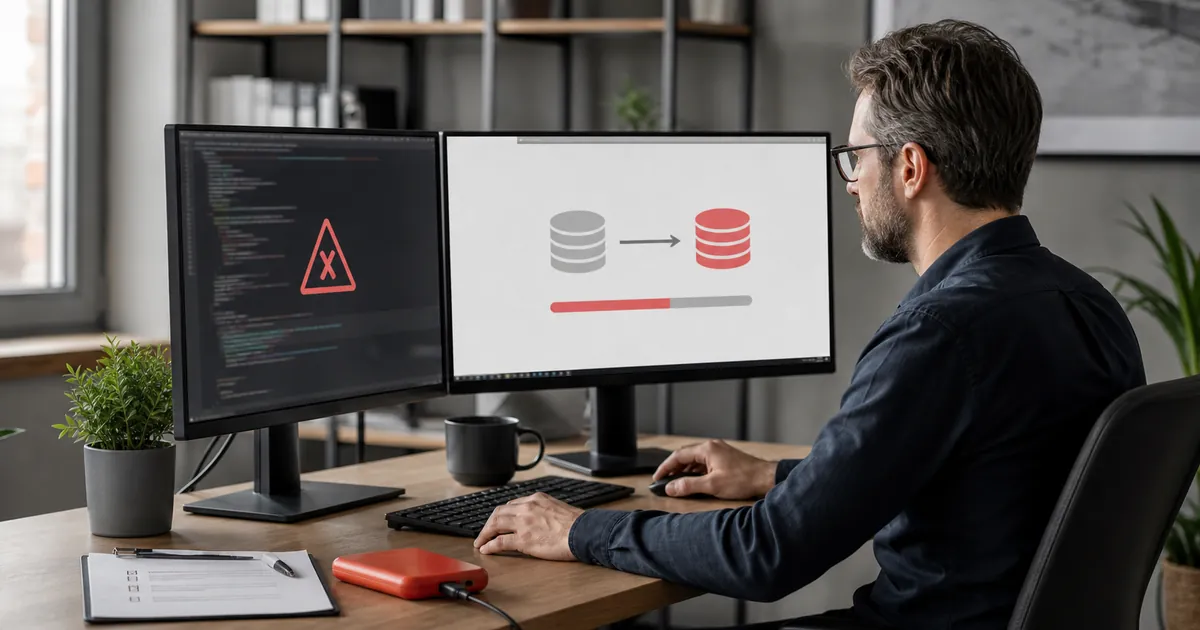 Mann sitzt vor einem Monitor mit Warnsymbol und Datenbank-Fehleranzeige als Sinnbild für eine zerschossene Website