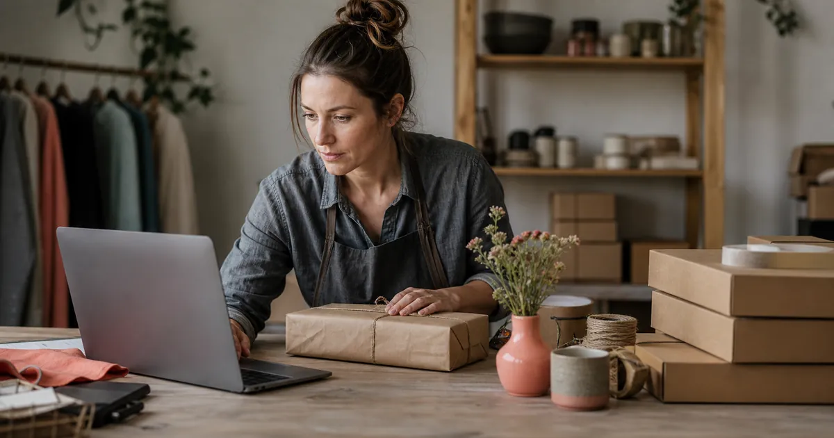 Frau verpackt an ihrem Laptop ein Produkt in ihrem kleinen Shop mit Keramikwaren im Regal