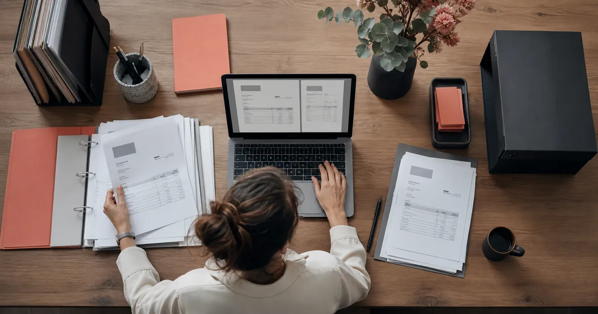 Draufsicht auf eine Frau am Laptop, die eine Papierrechnung in eine digitale Tabelle überträgt