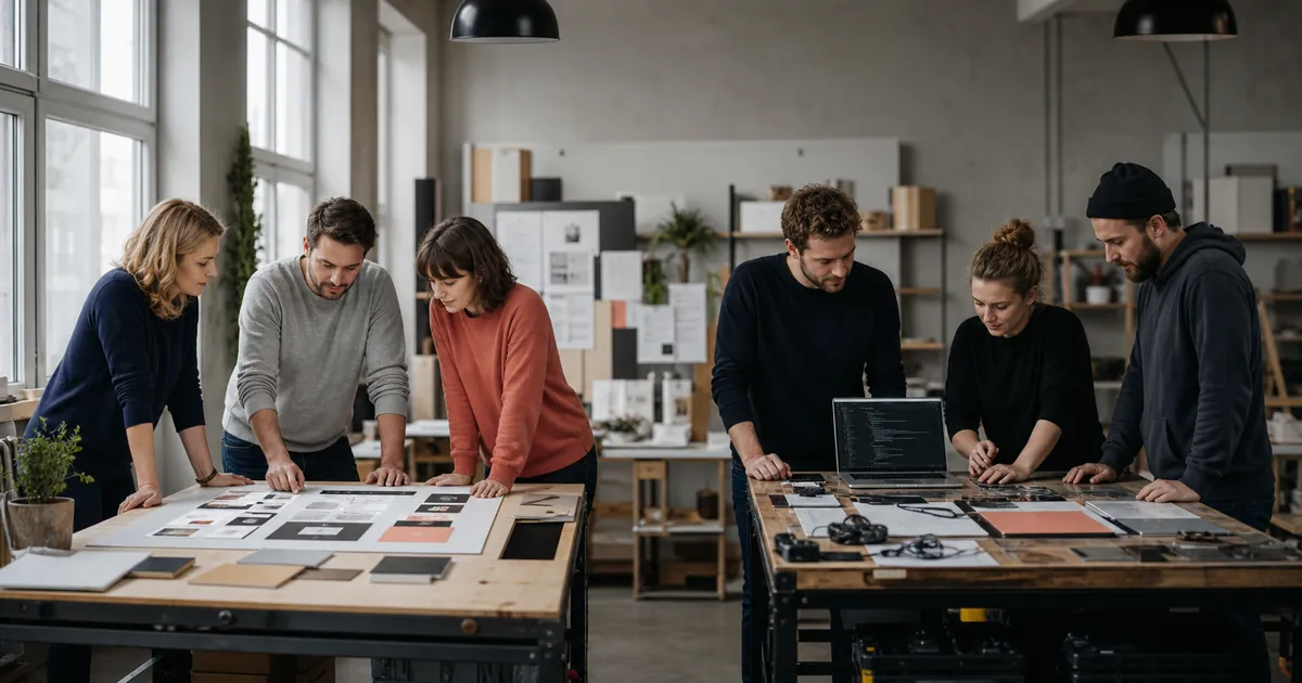 Ein sechsköpfiges Team arbeitet an zwei Tischen mit Skizzen und Laptop, teils mit CMS, teils mit Code auf dem Bildschirm