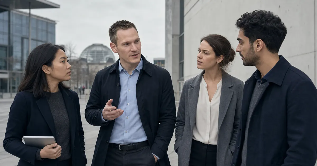 Gespräch in einer Gruppe vor dem Berliner Regierungsviertel