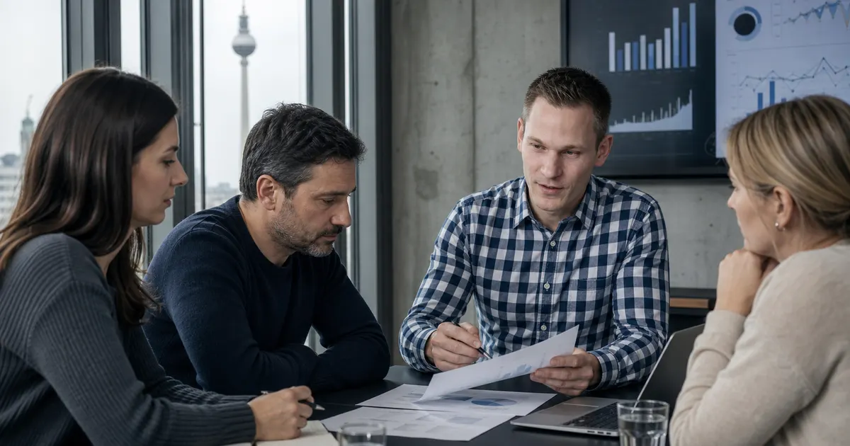 Carlo Krämer bespricht Projektunterlagen mit Kunden an einem Tisch