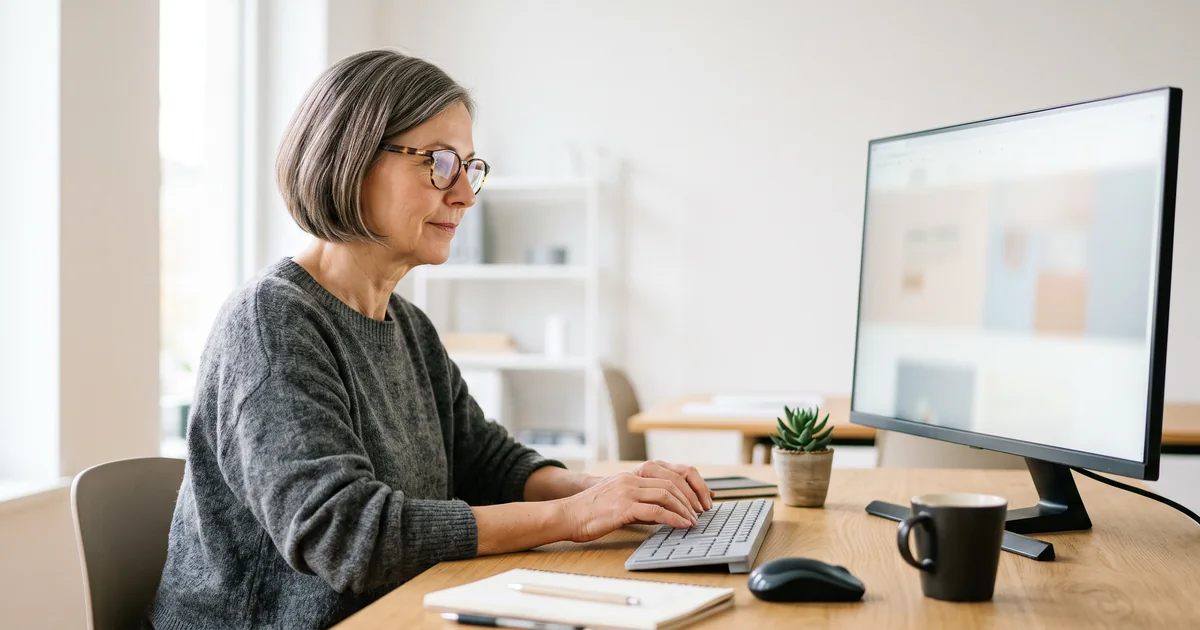Ältere Nutzerin bedient eine Website allein über die Tastatur, die Maus bleibt unberührt daneben liegen