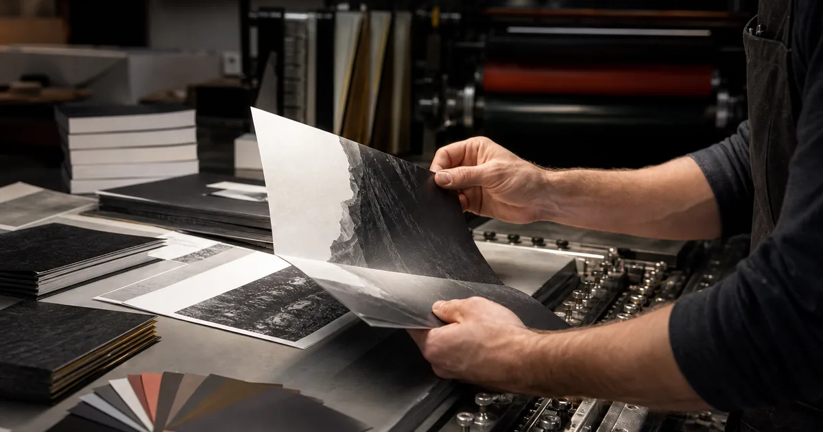 Printdesigner prüft Papier, Druckbild und Verarbeitung eines hochwertigen Druckprodukts