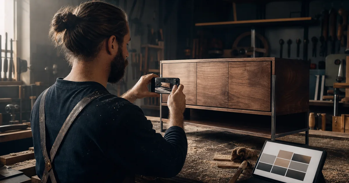 Handwerker fotografiert ein hochwertiges Werkstück für die Präsentation auf seiner Website