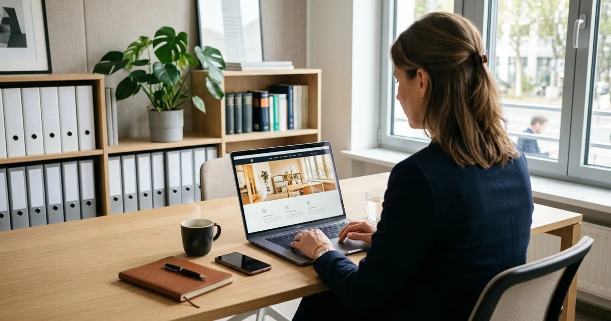 Beraterin arbeitet in einem hellen Kanzleibüro am Laptop, auf dem Bildschirm eine aufgeräumte Website