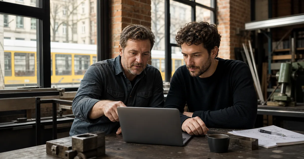 Webdesigner und Produktionsbetrieb besprechen eine Firmenwebsite in Berlin-Lichtenberg
