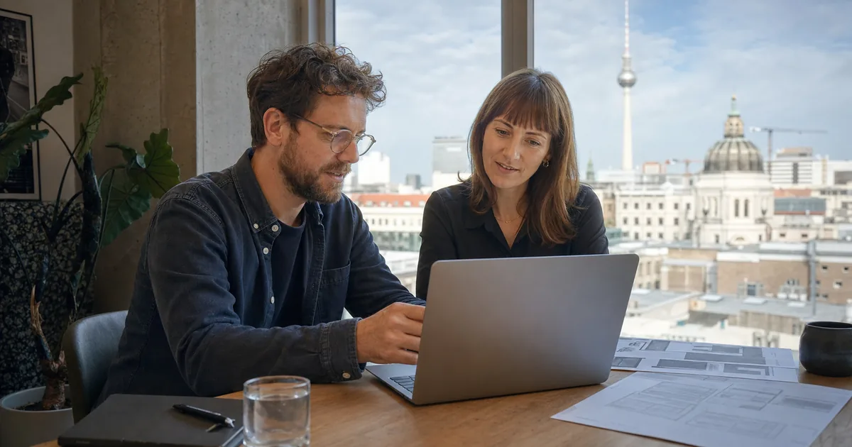 Webdesigner und Unternehmerin besprechen eine Website mit Blick über Berlin-Mitte