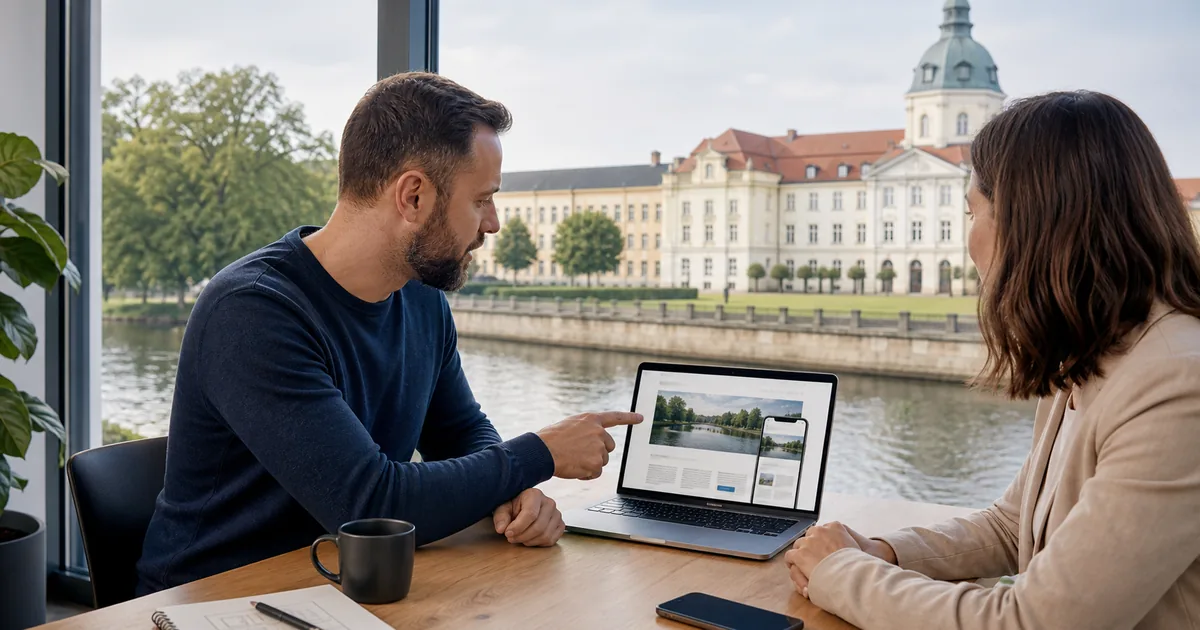 Webdesigner und Unternehmerin besprechen eine Website am Schlosspark in Oranienburg