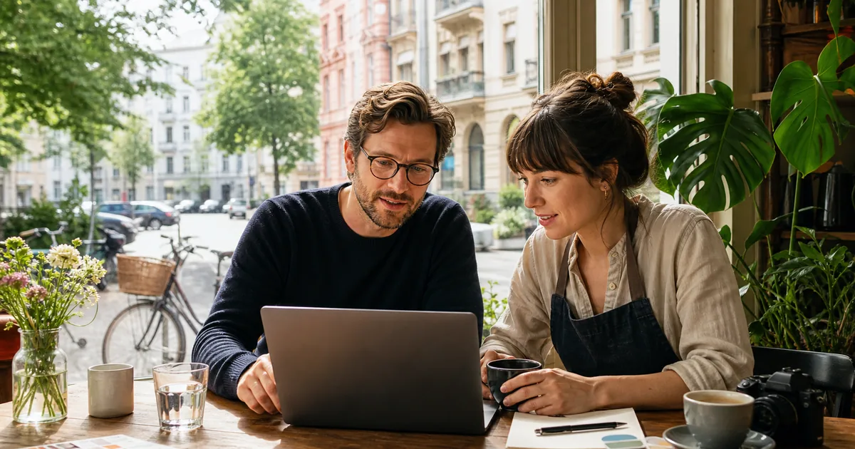 Webdesigner berät eine Café-Inhaberin zu ihrer neuen Website in Berlin-Pankow