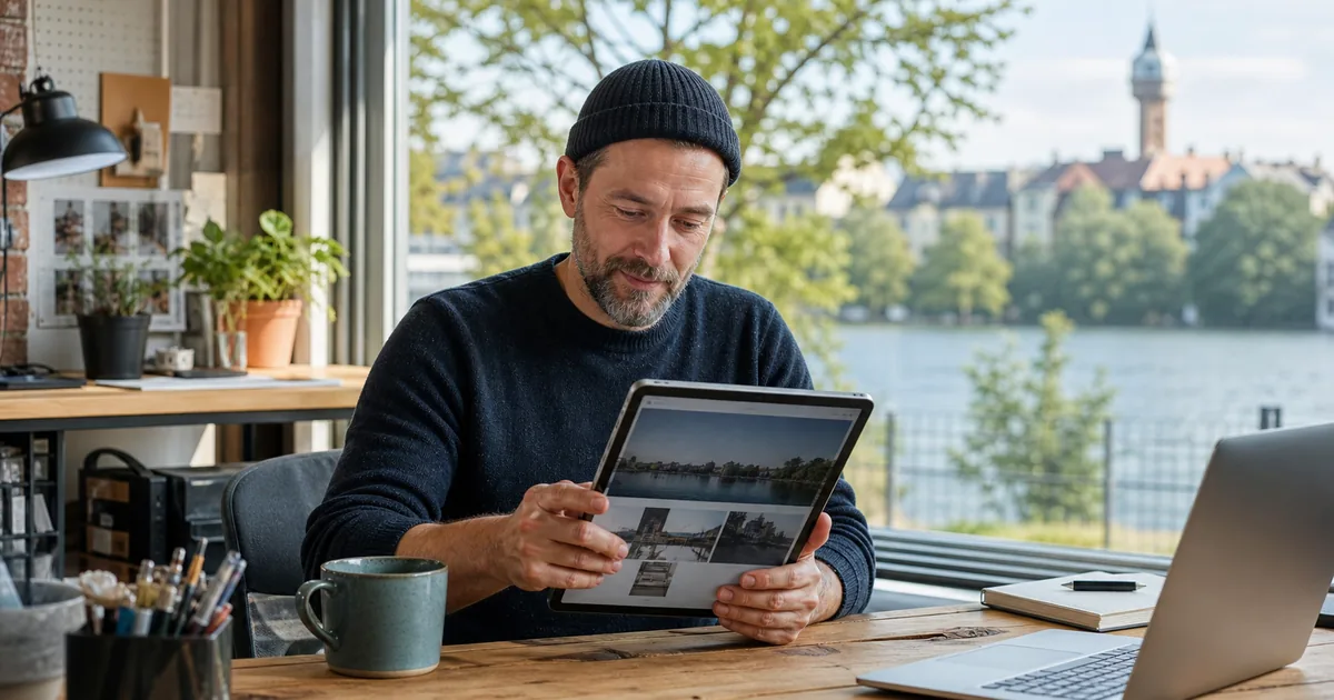 Webdesigner arbeitet an einem lokalen Unternehmensauftritt am Tegeler See in Reinickendorf