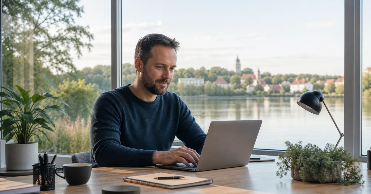 Webdesigner arbeitet an einer Unternehmenswebsite mit Blick auf den Straussee