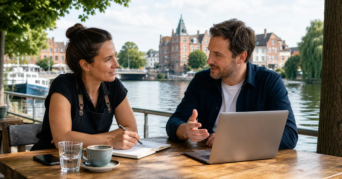 Webdesigner berät ein lokales Unternehmen am Wasser in Treptow-Köpenick