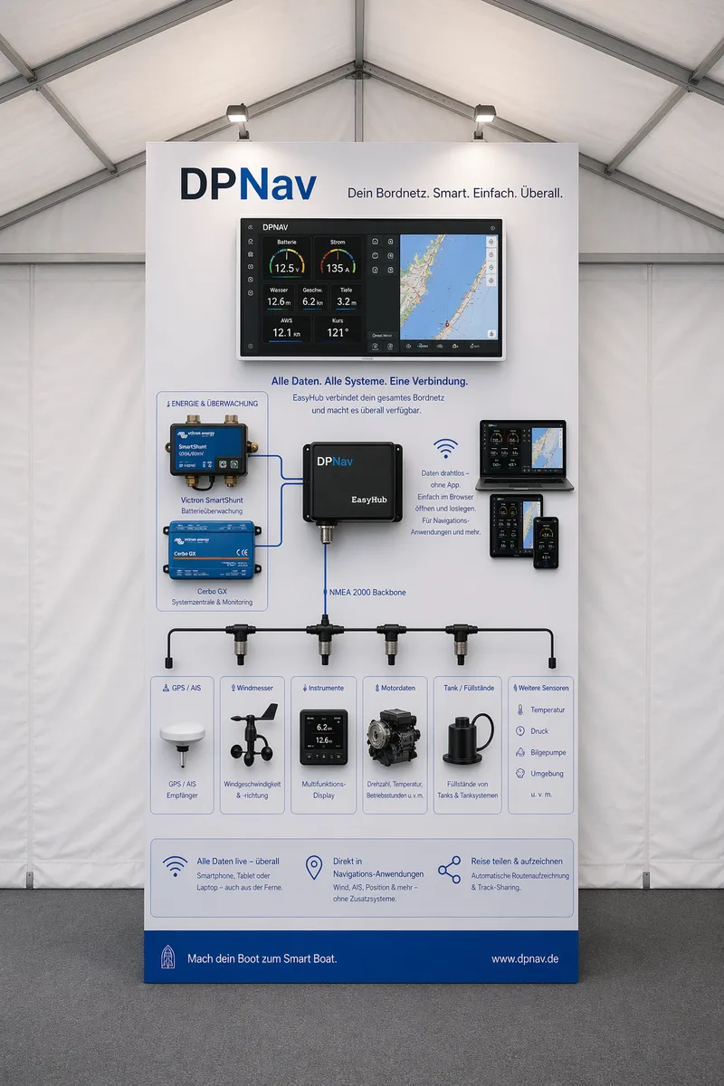 Messewand mit dem EasyHub und angeschlossenen Geräten wie Victron SmartShunt und Cerbo GX