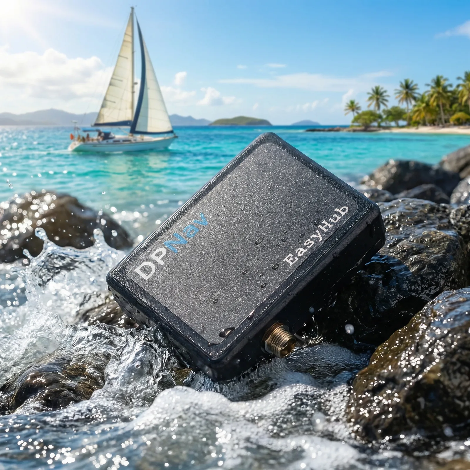 DPNav EasyHub: Produktfoto auf Felsen, Segelboot im Hintergrund