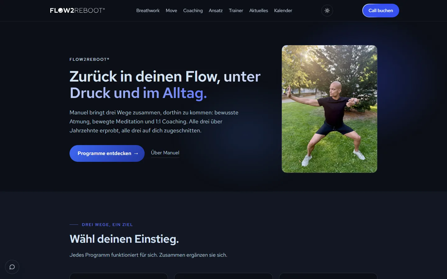 Flow2Reboot®: Startseite mit den drei Programmen Breathwork, Move und Coaching