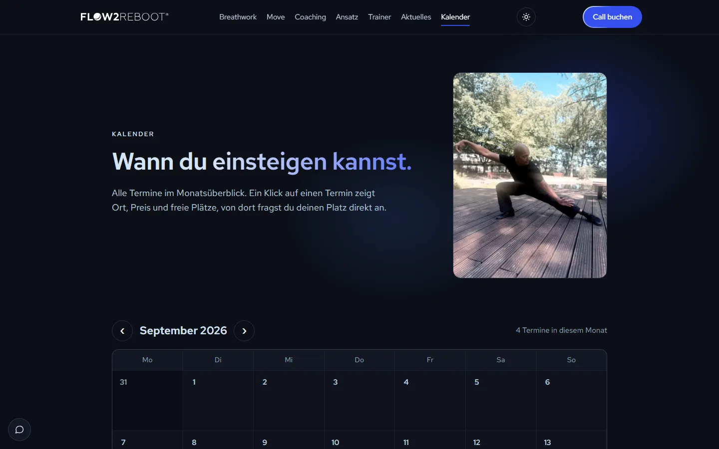 Flow2Reboot®: Kalender mit Monatsansicht und den nächsten Terminen