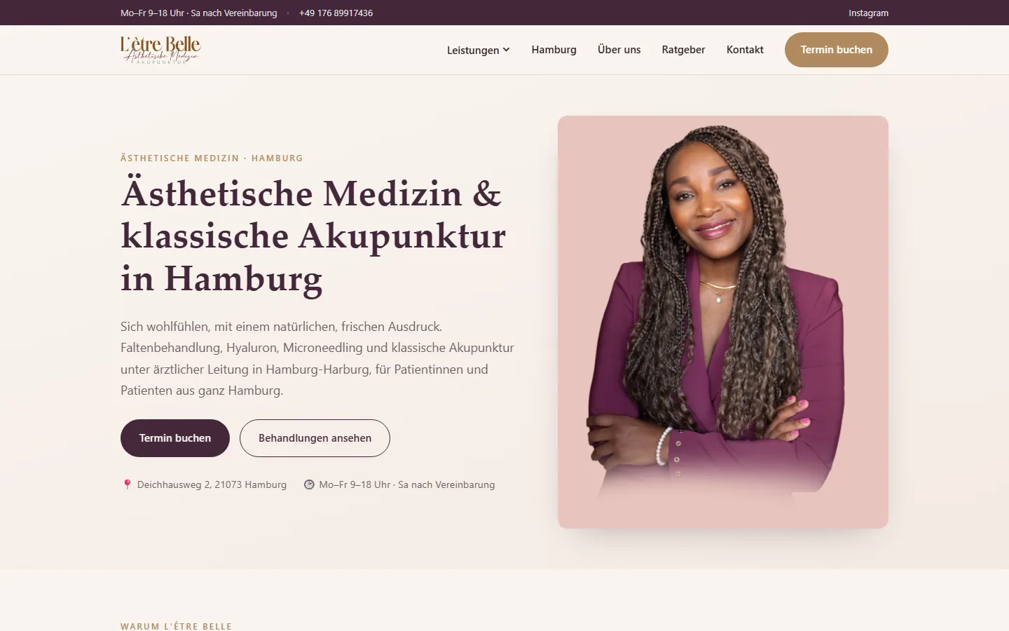 L'être Belle: Startseite mit Ärztin und dem Angebot für ästhetische Medizin in Hamburg