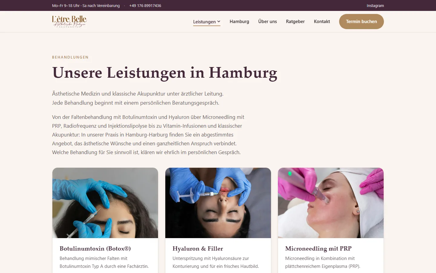 L'être Belle: Übersicht der Behandlungen mit je eigener Detailseite