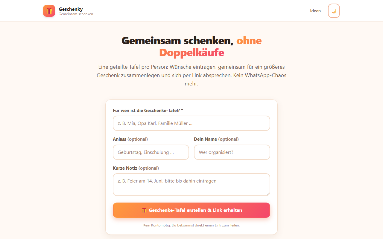 Geschenky: geteilte Geschenke-Tafel fürs gemeinsame Schenken